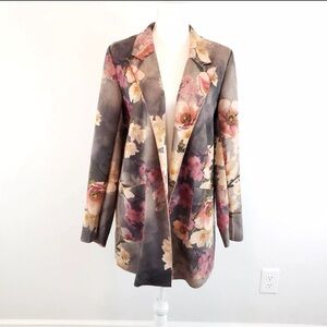 Solitaire Women's Floral Print Faux Suede Open Front Long Sleeve Jacket Size S